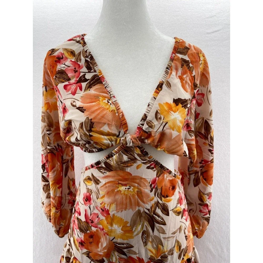 Hello Molly Midi Dress Size S Don't Stop Me Floral Orange Cut Out Long Sleeve - Picture 4 of 10